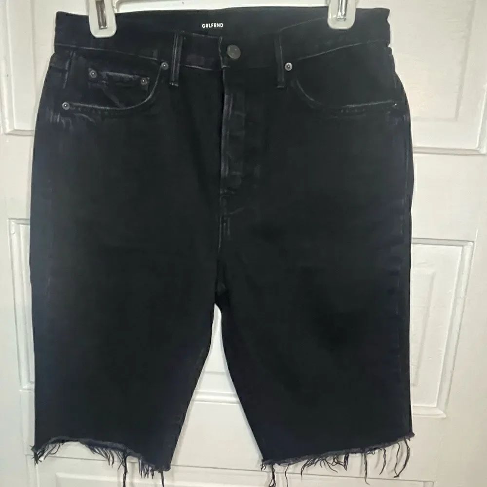 GRLFRND Beverly High Rise Black Distressed Long Jean Shorts 27